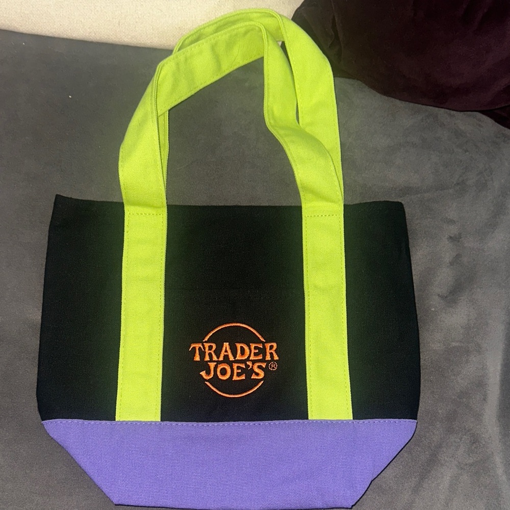 Trader Joe’s trick of treat mini canvas tote bag black green purple